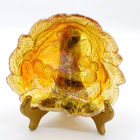 Vtg Carnival Glass Amber Blackberry Leaf Iridescent Decorative Bowl U - Picture 2 of 4
